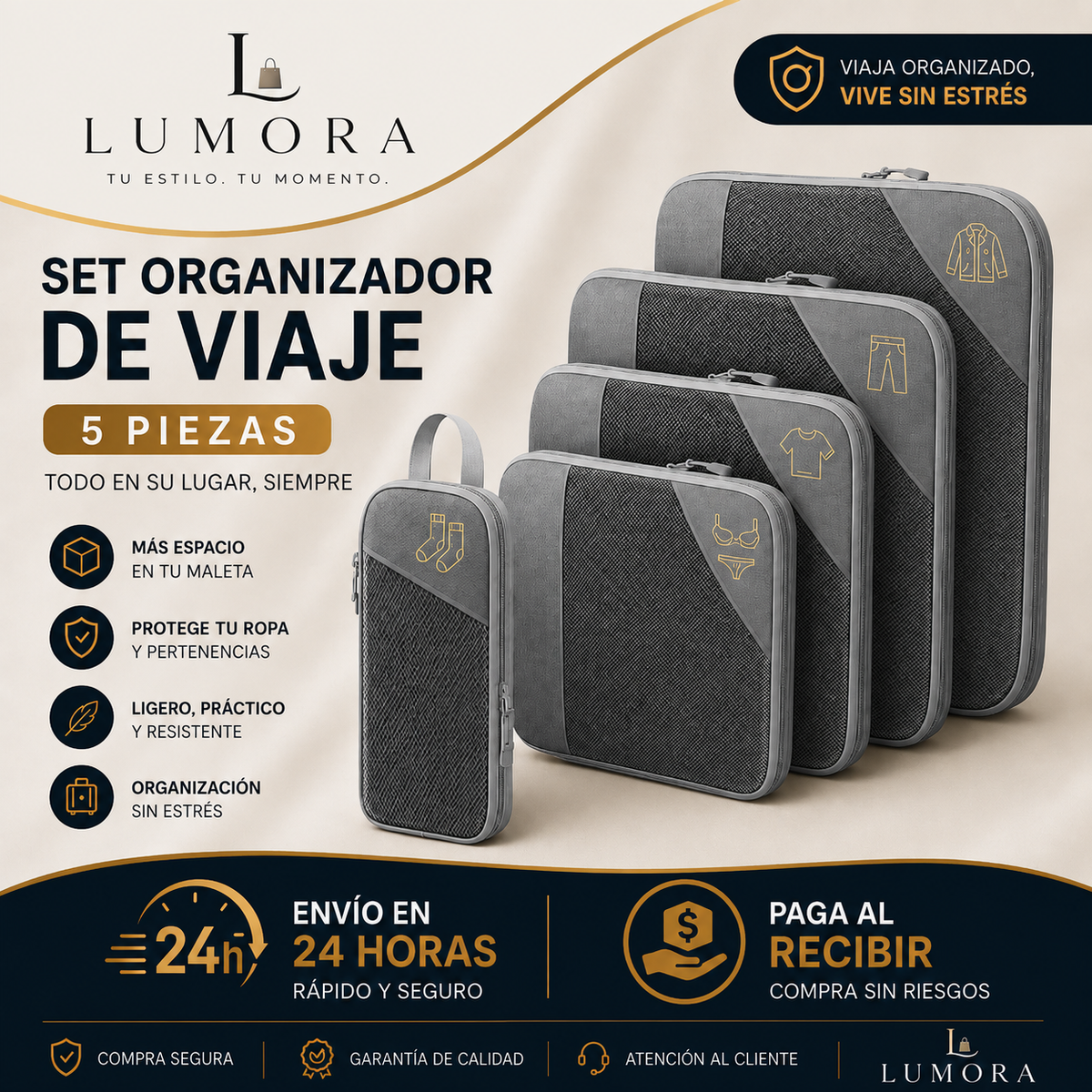 Set de 5 bolsas organizadoras de compresión para maleta